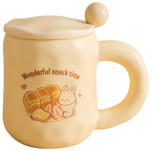 Cute Cartoon Bread Ceramic Mugs with Spoon and Lid INS Girl Home Breakfast Heating Microwave Milk Coffee Cup Friend Gift