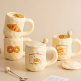 Cute Cartoon Bread Ceramic Mugs with Spoon and Lid INS Girl Home Breakfast Heating Microwave Milk Coffee Cup Friend Gift