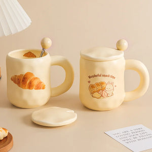 Cute Cartoon Bread Ceramic Mugs with Spoon and Lid INS Girl Home Breakfast Heating Microwave Milk Coffee Cup Friend Gift