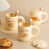 Cute Cartoon Bread Ceramic Mugs with Spoon and Lid INS Girl Home Breakfast Heating Microwave Milk Coffee Cup Friend Gift