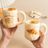 Cute Cartoon Bread Ceramic Mugs with Spoon and Lid INS Girl Home Breakfast Heating Microwave Milk Coffee Cup Friend Gift