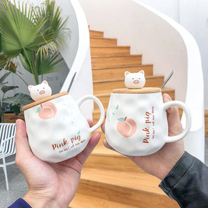 Cute Cartoon Wooden Cover Pig Frosted Big Belly Ceramic Cup Creative Mug Business Office Water Cup Student Coffee Mug with Lid