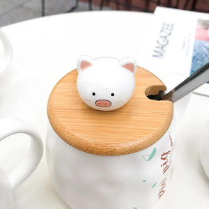 Cute Cartoon Wooden Cover Pig Frosted Big Belly Ceramic Cup Creative Mug Business Office Water Cup Student Coffee Mug with Lid