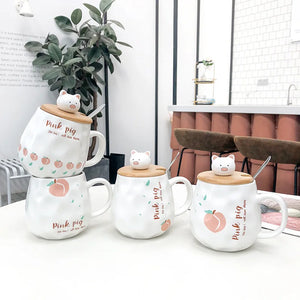 Cute Cartoon Wooden Cover Pig Frosted Big Belly Ceramic Cup Creative Mug Business Office Water Cup Student Coffee Mug with Lid