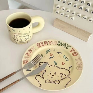 350ml Ins Style Design Super Cute Ceramic Mug Puppy High Beauty Birthday Happy Series Ceramic Tableware Cream Plate