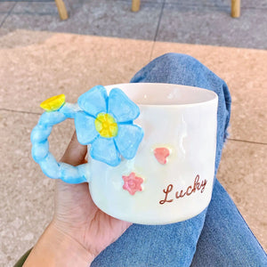 Hand Drawn Flower Mug, Fresh Water Cups with Spoons, Large Capacity Household Ceramic Coffee Cup, Couple Breakfast Cup Drinkware