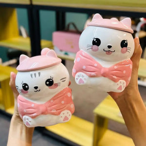 3D Pink Cat Coffee Cup Girl Style Mug Cute Ceramic Water Cup Birthday Gift for Girl's Best Friend Couple Cup with Lid Spoon