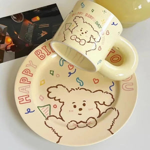 350ml Ins Style Design Super Cute Ceramic Mug Puppy High Beauty Birthday Happy Series Ceramic Tableware Cream Plate