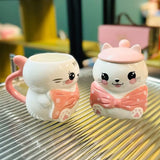 3D Pink Cat Coffee Cup Girl Style Mug Cute Ceramic Water Cup Birthday Gift for Girl's Best Friend Couple Cup with Lid Spoon