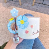 Hand Drawn Flower Mug, Fresh Water Cups with Spoons, Large Capacity Household Ceramic Coffee Cup, Couple Breakfast Cup Drinkware