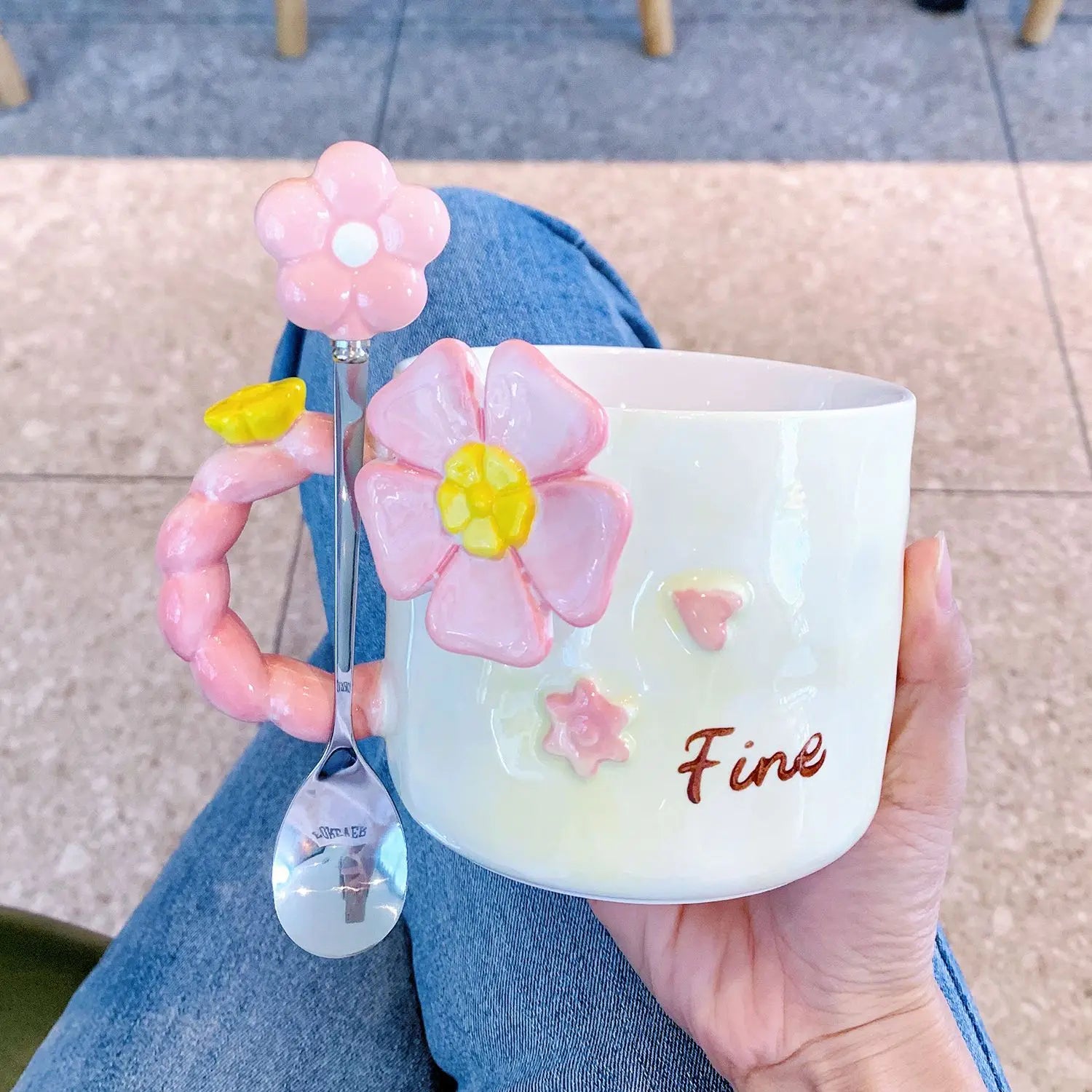 Hand Drawn Flower Mug, Fresh Water Cups with Spoons, Large Capacity Household Ceramic Coffee Cup, Couple Breakfast Cup Drinkware