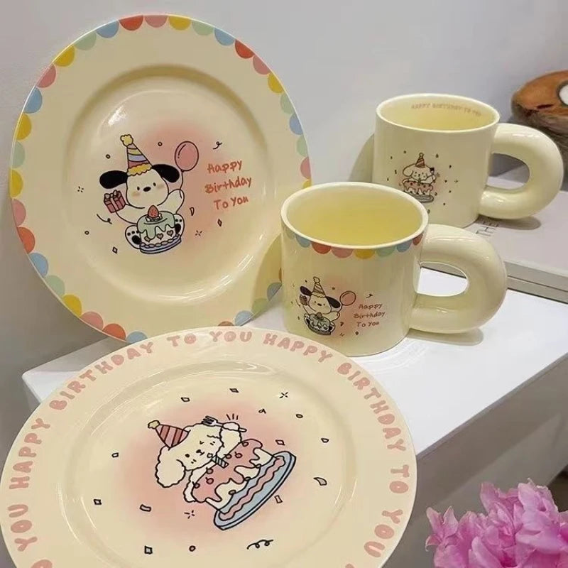 350ml Ins Style Design Super Cute Ceramic Mug Puppy High Beauty Birthday Happy Series Ceramic Tableware Cream Plate