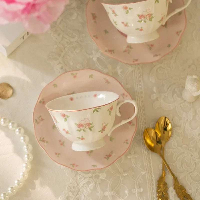 Mugs Coffee Cups French Pink Rabbit Print Vintage Coffee Cup andSaucer Set Ceramic Cup Cute Girls AfternoonTea Dim & Saucer